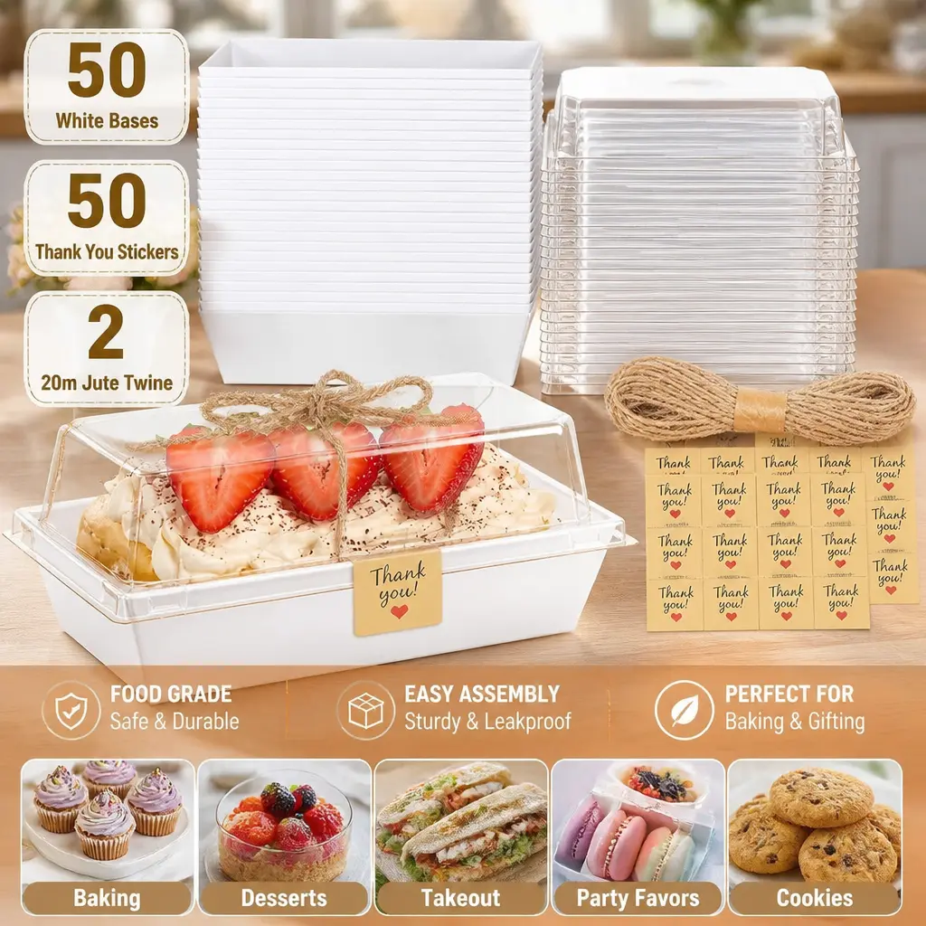 50pcs Small Size To Go Dessert Boxes with 6.1x3.3x2.5" Snap Tight Clear Lids - Kitchenware Bakeware Containers for Cupcakes, Muffins, Parties