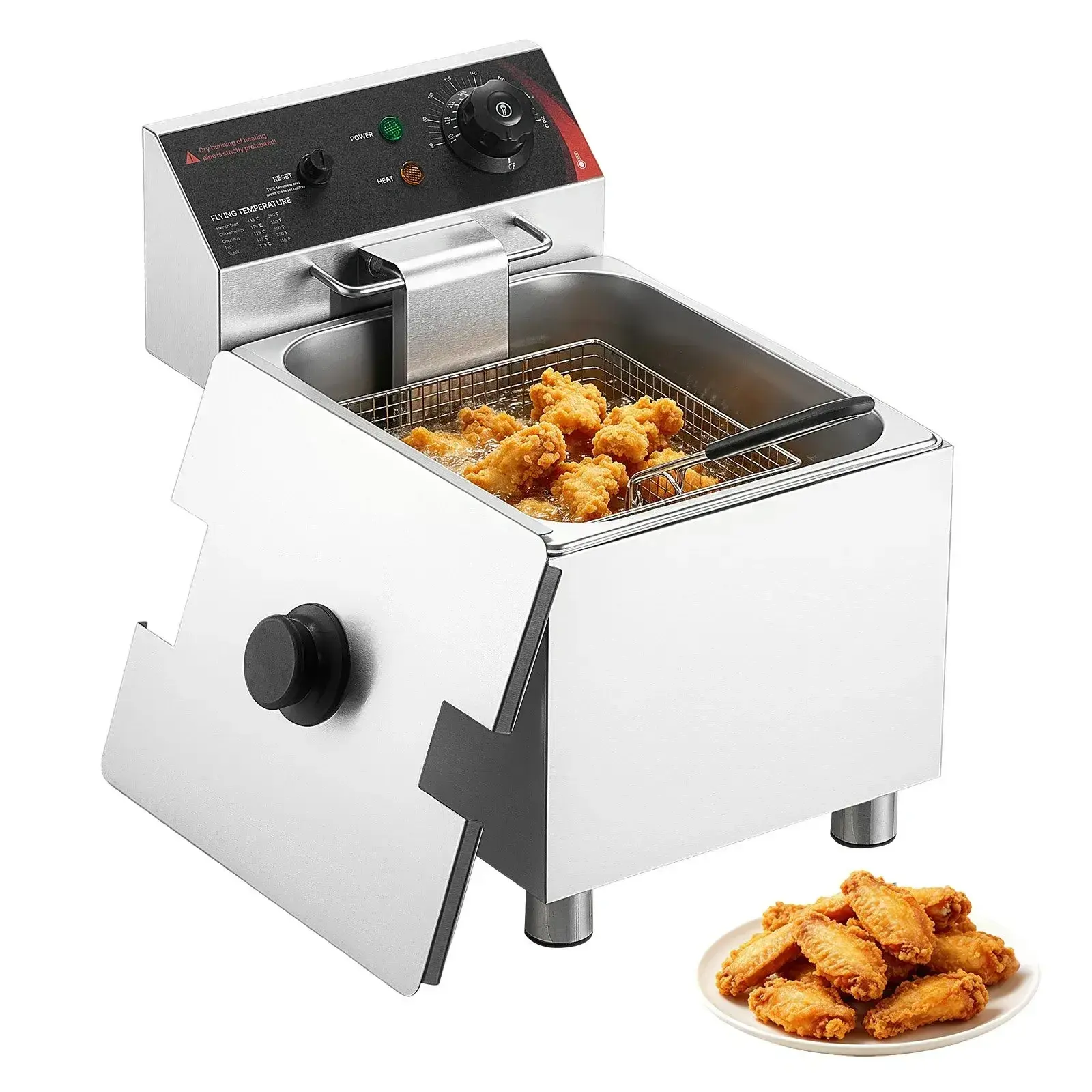Stainless Steel Commercial Electric Deep Fryer - 12.15 Qt, 1750W Countertop Model with Basket, Lid, Overheat Protection, Temp Control, Adjustable Legs for Restaurant Use, Silver
