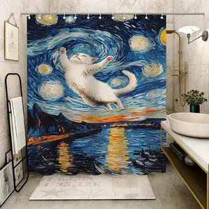 Starry Night Cat Pattern Shower Curtain, Waterproof Shower Curtain with Free Hooks, Bathroom Decor for Home, Hotel, Apartment, Dorm, Spa, Bathroom Decoration Accessories