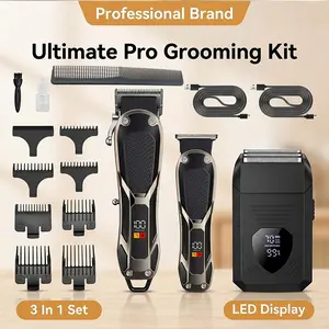 Three-In-One Men's Grooming Kit, LED Display Hair Clipper, Trimmer, Razor, Wireless Rechargeable, Ideal for Home and Travel Use
