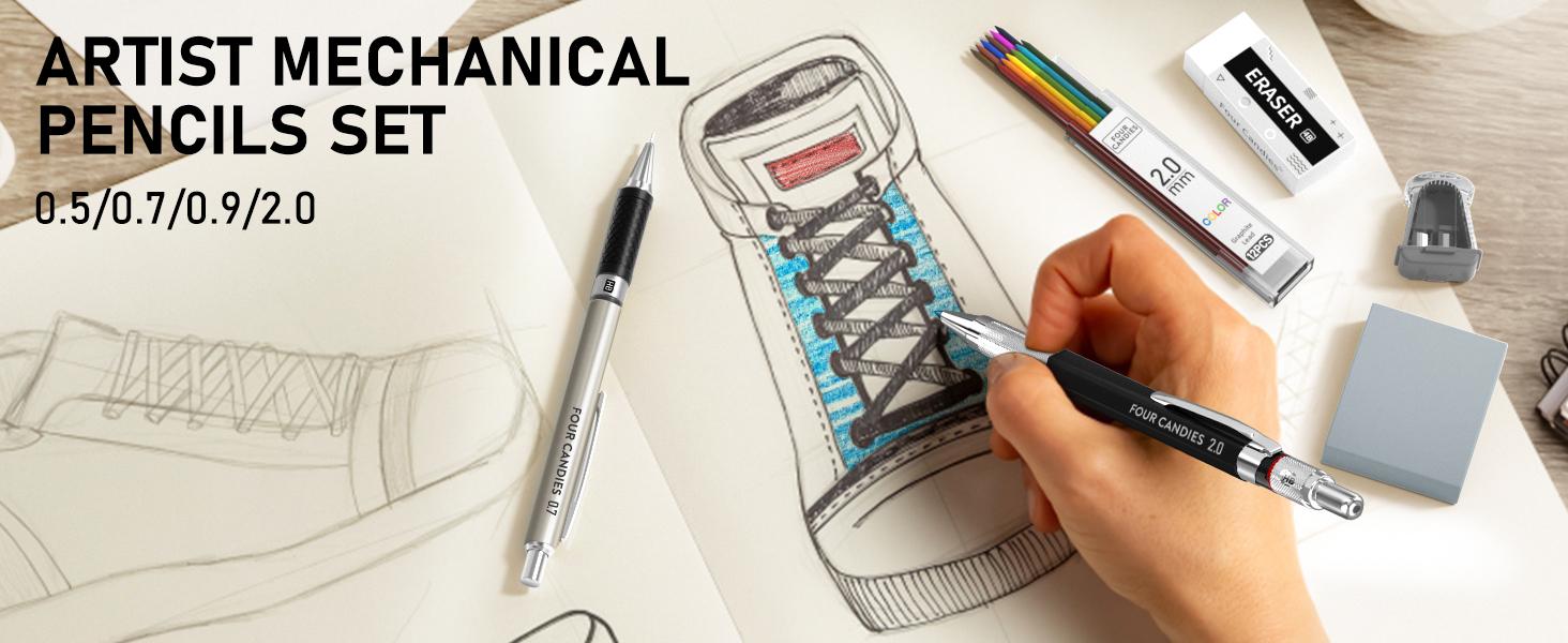 FourCandies 25PCS Art Mechanical Pencil Set with Case, 3PCS Metal Artist Lead Pencil 0.5, 0.7, 0.9 mm & 3PCS 2mm Lead Holder(HB 2H 2B 4B Color) with 432PCS Graphite Lead Refills for Drawing Sketching