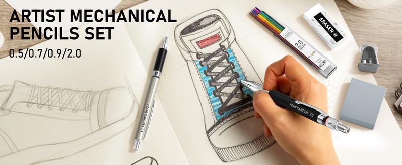 FourCandies 25PCS Art Mechanical Pencil Set with Case, 3PCS Metal Artist Lead Pencil 0.5, 0.7, 0.9 mm & 3PCS 2mm Lead Holder(HB 2H 2B 4B Color) with 432PCS Graphite Lead Refills for Drawing Sketching