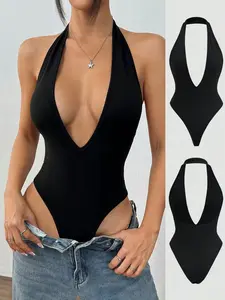 Women's Sleeveless Deep V Neck Halter Bodysuit - Sexy, Chic, Elegant, Basic Style, Backless, Slim Fit Bodycon Jumpsuit for Outdoor Wear Womenswear Tops Black