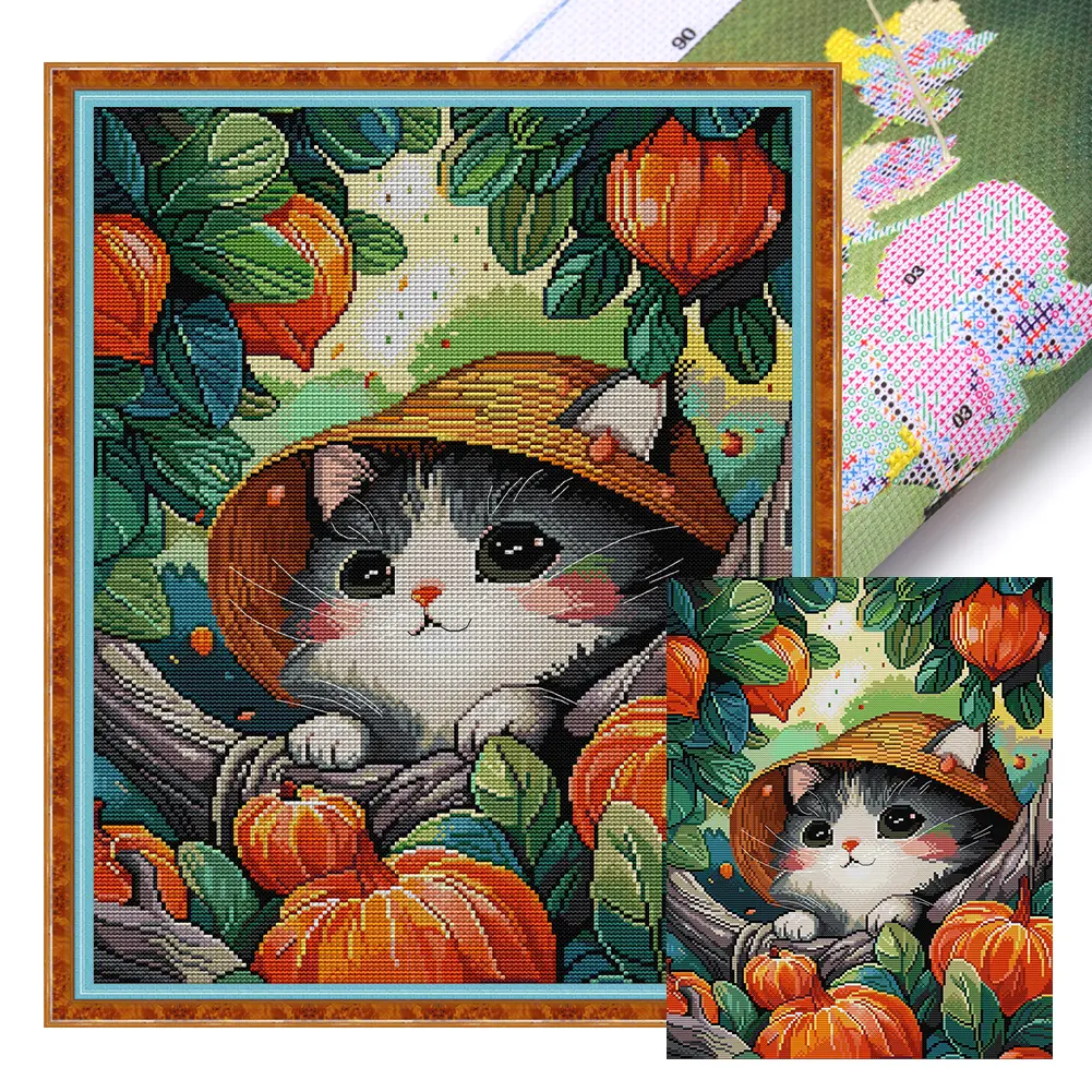 14CT Printed Cat Cross Stitch Kit, Full Embroidery Design, Eco-Cotton Thread, 37x47cm DIY Needlework Craft for Toys & Hobbies