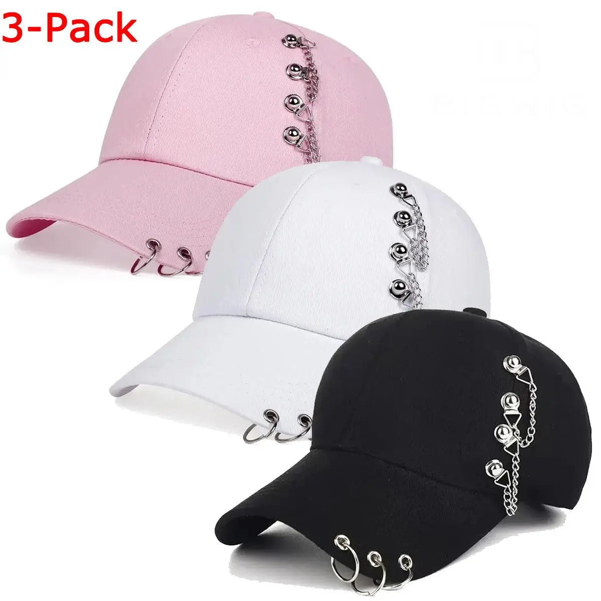 3-Pack Solid Cotton Baseball Cap, Grunge Punk Style with Rivets and Rings, Unisex Casual Adjustable Fit Hat for Outdoor Wear, Casual Baseball Cap, Flat Bill Cap, Hats For Women