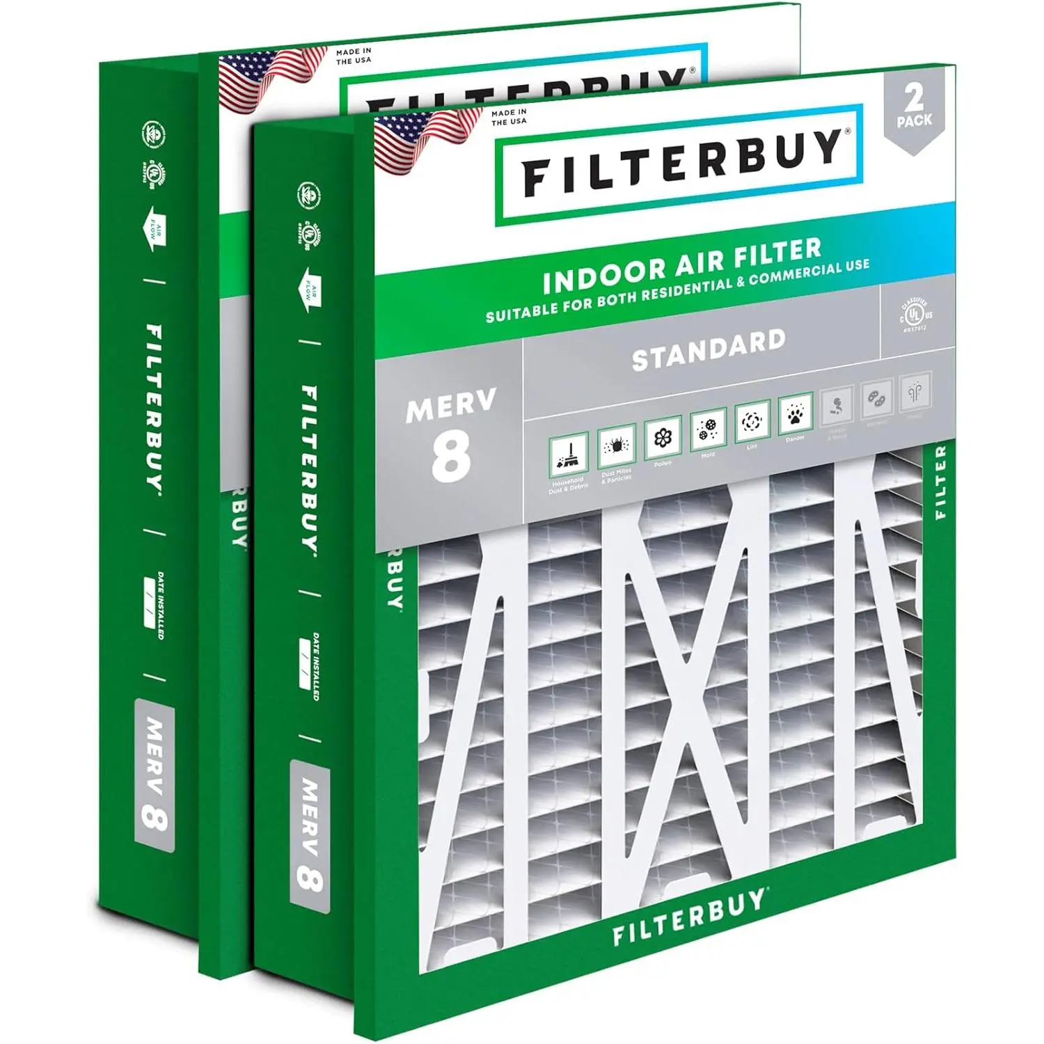 Filterbuy 20x20x5 Air Filter (2-Pack), Pleated MERV 8 Dust Defense HVAC AC Furnace Air Filters for Honeywell Return Grille FC40R1003