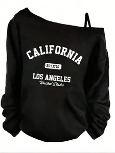 Women's Off-Shoulder Long Sleeve Casual Knit Sweatshirt, California Letter Print, Loose Fit, Spring & Fall Fashion, Outdoor Street Style, Knitwear