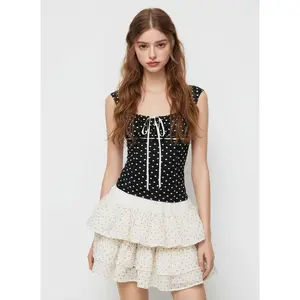 Square Neck Polka Dot Knotted Short Sleeve Top