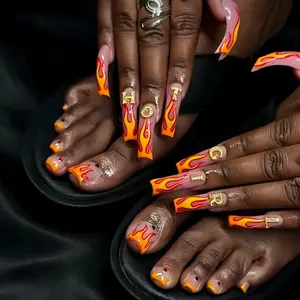 44 Pcs Long Curved Nails, Nude Base with Flame Print, 'hot Girl' Rhinestones, Glossy Reusable False Nails for Parties