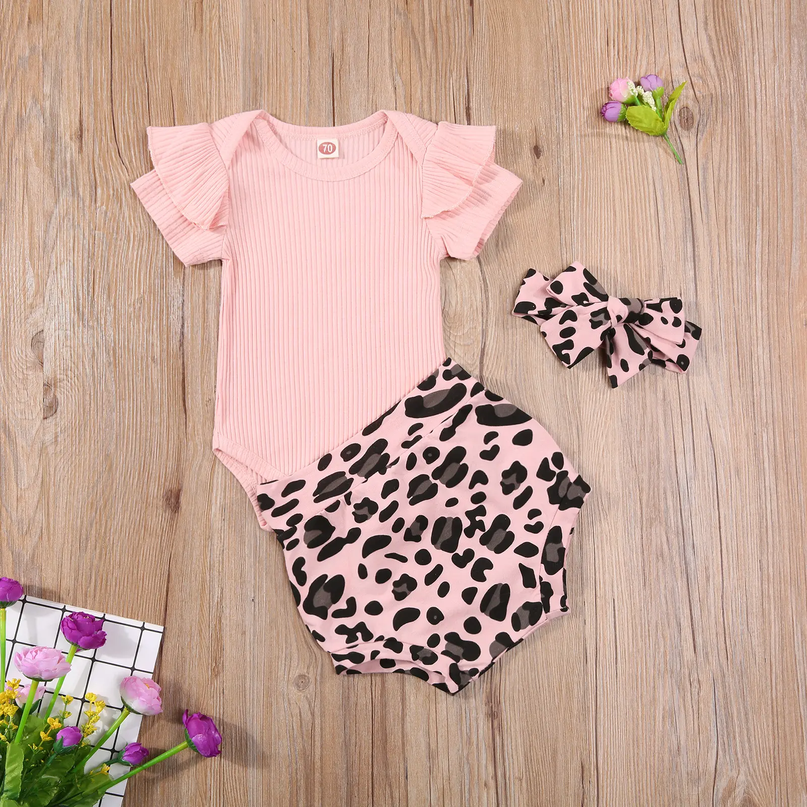 Newborn Baby Girl Clothes Ribbed Sleeve Romper Top Leopard Ruffle Shorts Bow Headband Infant Summer Outfits 0-18M