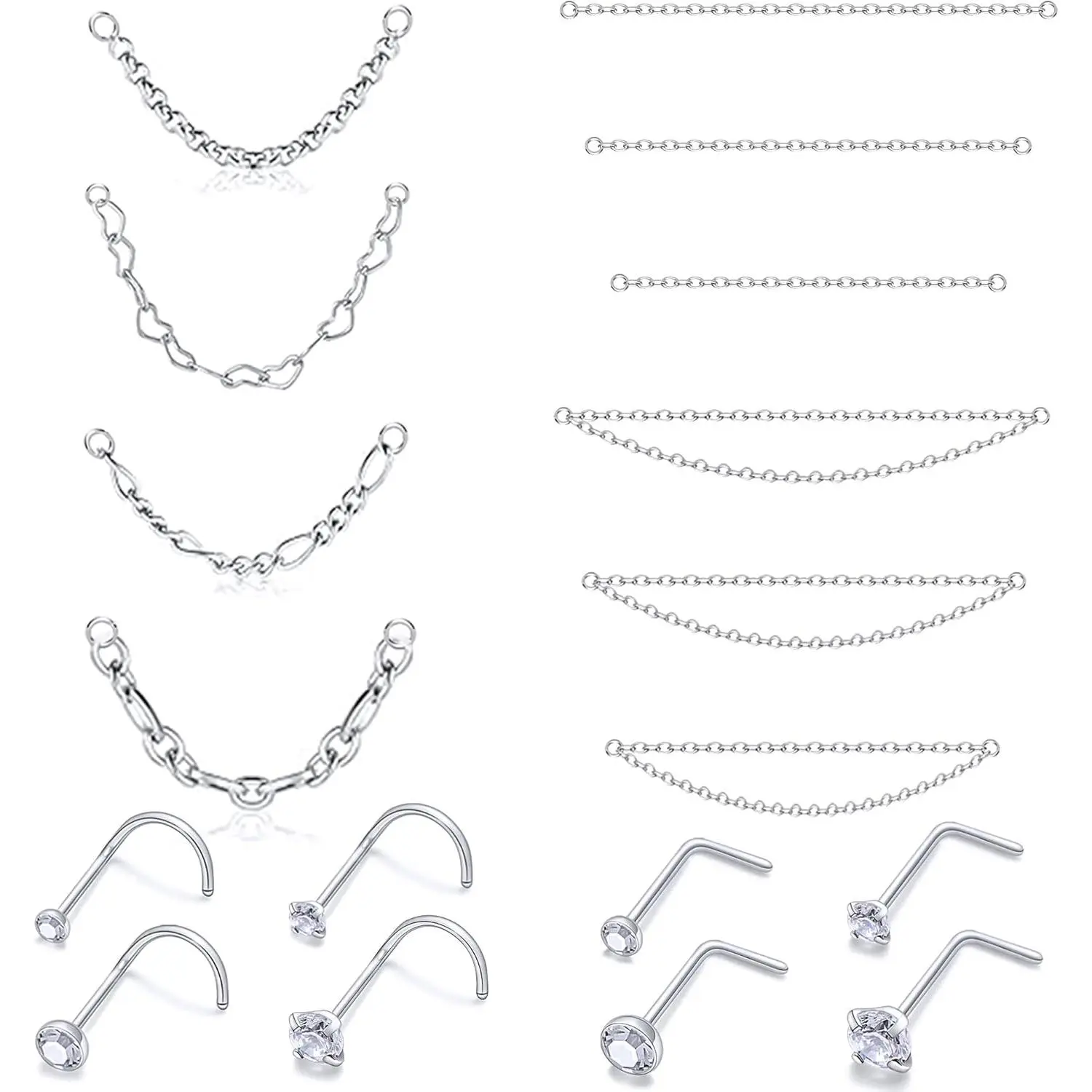 Nose Rings Chain Studs Piercings  22/20/18G for Women Men Surgical Steel Double Chains Corkscrew l Shaped Bar