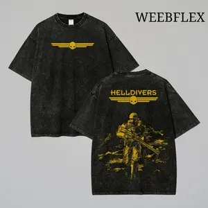Helldivers 2 Retro Washed Oversized Streetwear Graphic Tee – Limited Edition Men Graphic Tees, Heavy Cotton Unisex Gaming Merch Shirt