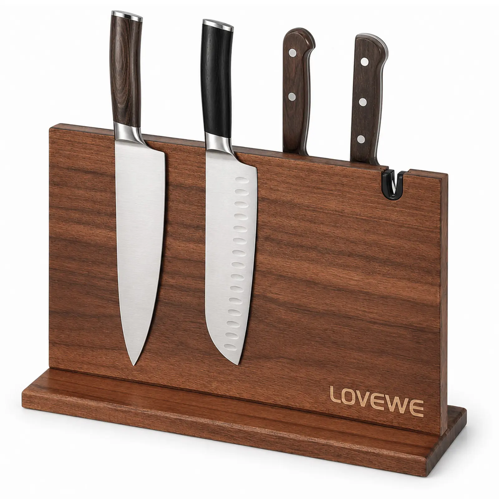 Acacia Wood Magnetic Knife Holder 15x9" – Double-Sided Knife Holder with Strong Magnet & Built-In Sharpener – Space-Saving Magnetic Knife Block Gift for Home Kitchens & Cooking Lovers