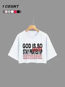 Women's "TRUST GOD" Print Round Neck Crop Tee, Fashion Casual Crew Neck T-shirt for Daily Holiday Vacation Outdoor Wear, Ladies Clothes for Summer, Top, Womenswear