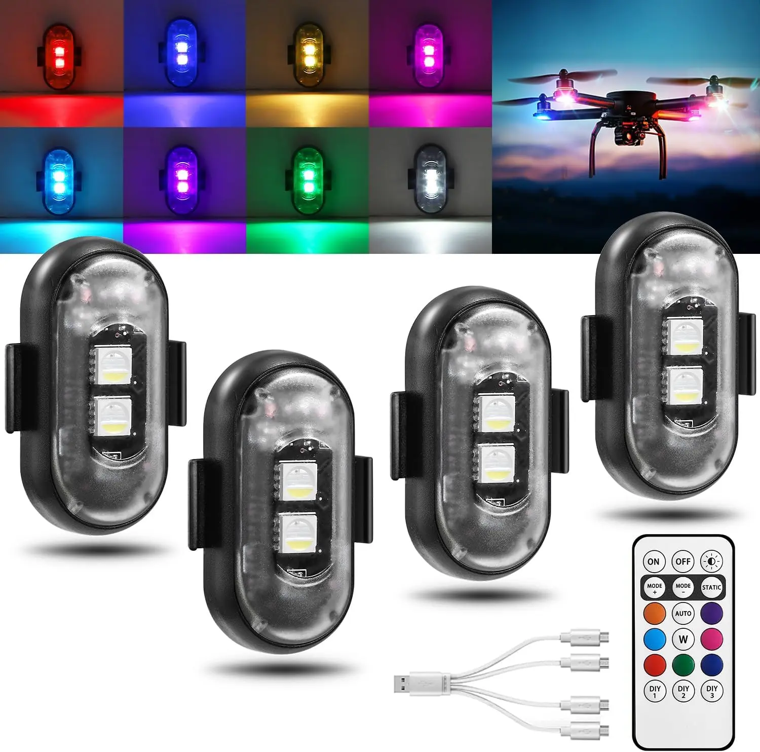 4/8-Pack Wireless LED Strobe Lights for Car Interior Ambiance with 8 Colors Remote Control, USB Charging Waterproof Emergency Warning Anti-Collision Light for Motorcycle Bike Drone Aircraft Decor halloween candy bucket hanging charm