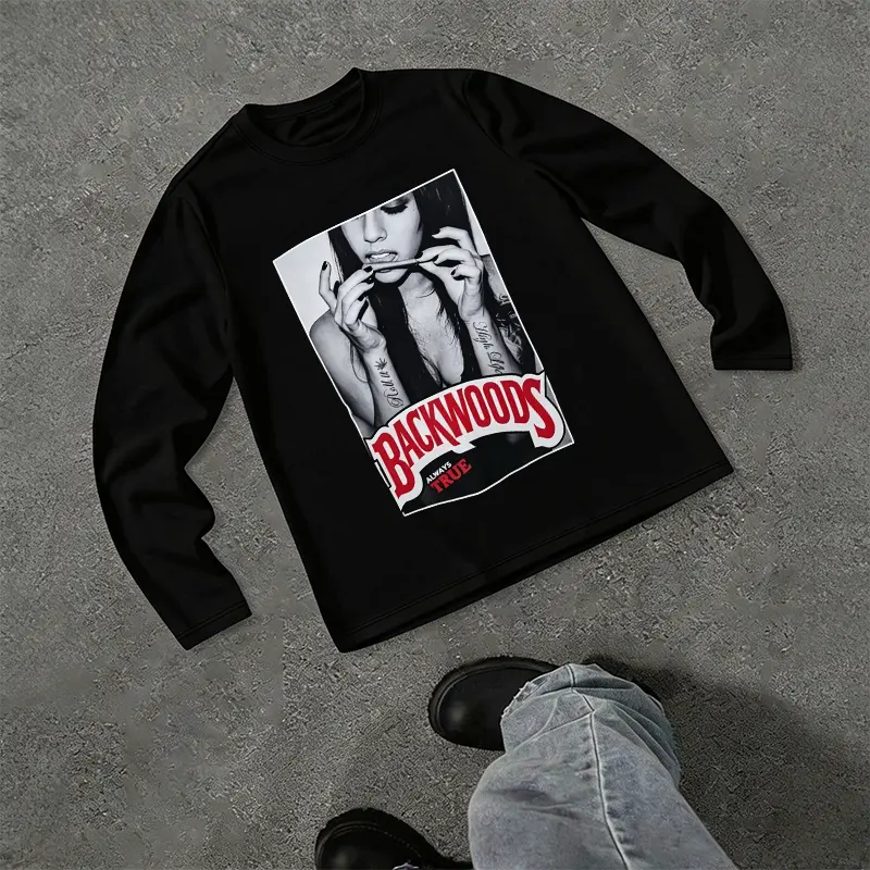 Stylish Backwoods B&W Portrait Graphic Long-Sleeve T-Shirt  100% Cotton Crew Neck, Y2K Aesthetic, Hip-Hop Oversized Streetwear Casual Top