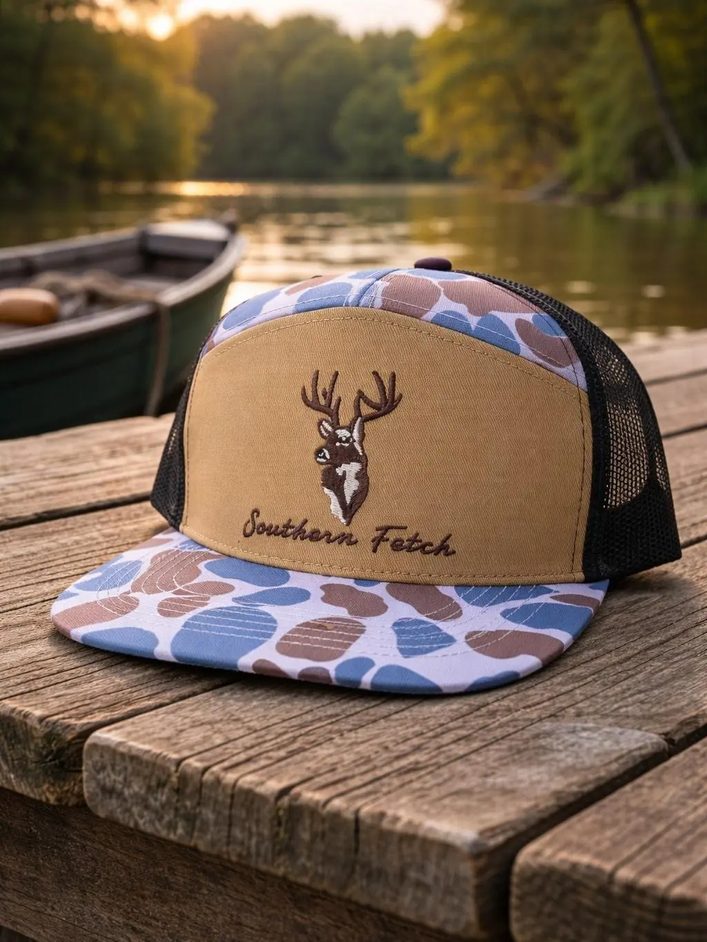 Southern Fetch Embroidered Deer Hunting Snapback, Duck Camo Hat Gift For Hunter, Cotton Mesh Back 7 Panel Outdoor Hunting Hat