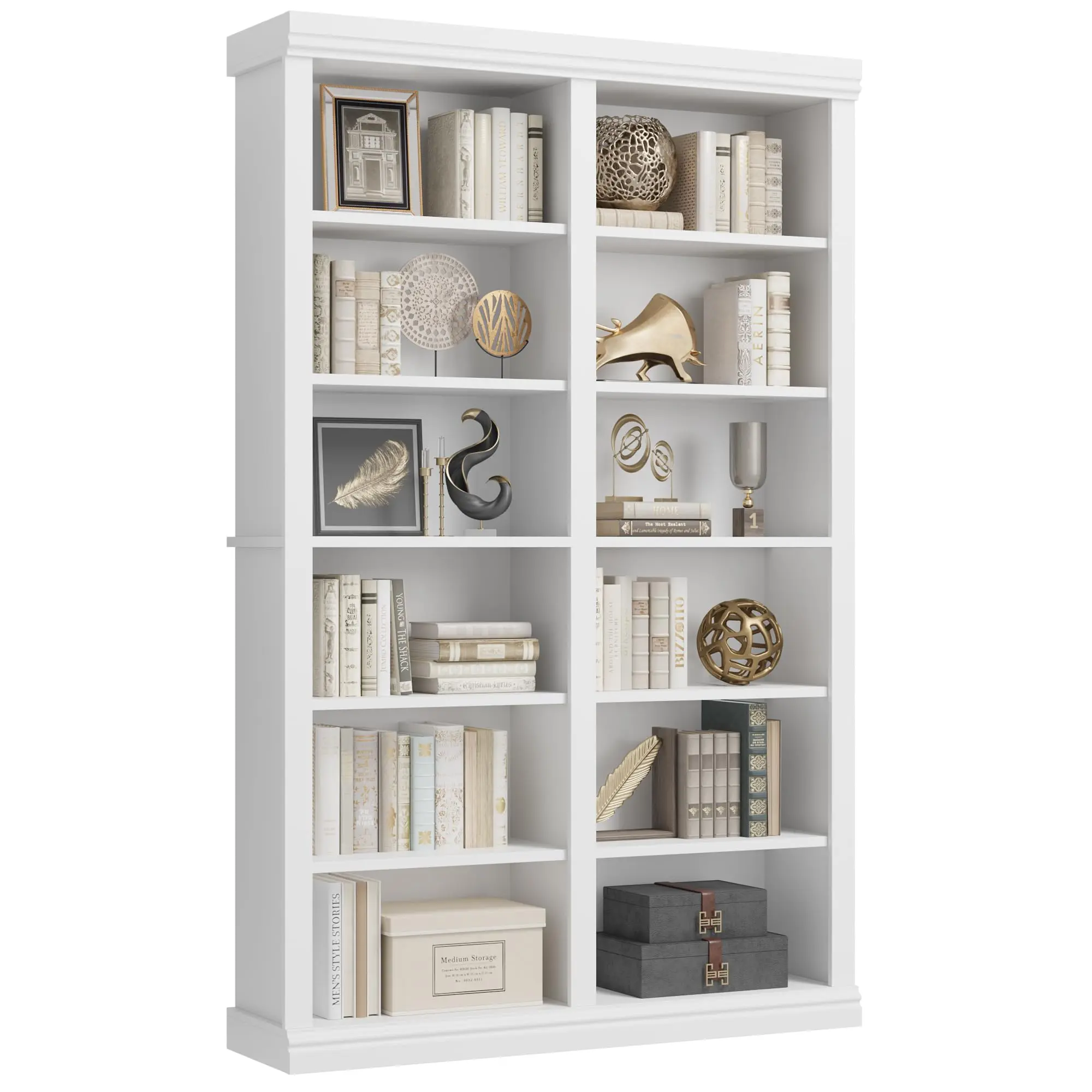 74.5-in H 6-Tier Double Wide Wood Bookshelf - 12 Spacious Cubbies, 12.4"d x 46.1"w x 74.5"h, Extra Large Bookcase for Living Room Office, Assembly Required