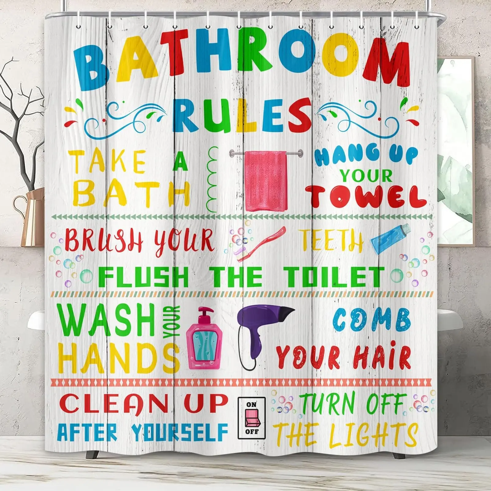 Cartoon Shower Curtain, Funny Teen Boy Girl Shower Curtain Set for College Dorm Bathroom, Cute Colorful Bathroom Rules Fabric Shower Curtain Restroom Bathtub Decor Accessories with Hooks 60x72 66x72inch