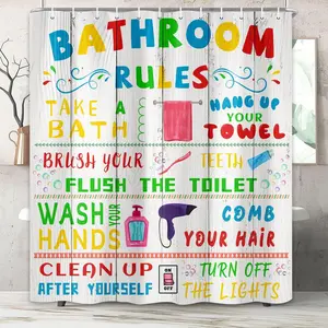 Cartoon Shower Curtain, Funny Teen Boy Girl Shower Curtain Set for College Dorm Bathroom, Cute Colorful Bathroom Rules Fabric Shower Curtain Restroom Bathtub Decor Accessories with Hooks 60x72 66x72inch