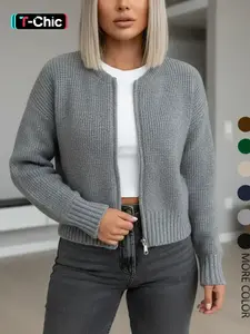 Women's Solid Drop Shoulder Zipper Sweater Cardigan, Casual Long Sleeve Round Neck Thick Knitwear for Fall & Winter, Fashion Women's Knit Clothing for Daily Wear