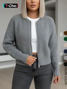 women's solid drop shoulder zipper sweater cardigan, casual long sleeve round neck knitwear for fall & winter, fashion women's knit clothing for daily wear