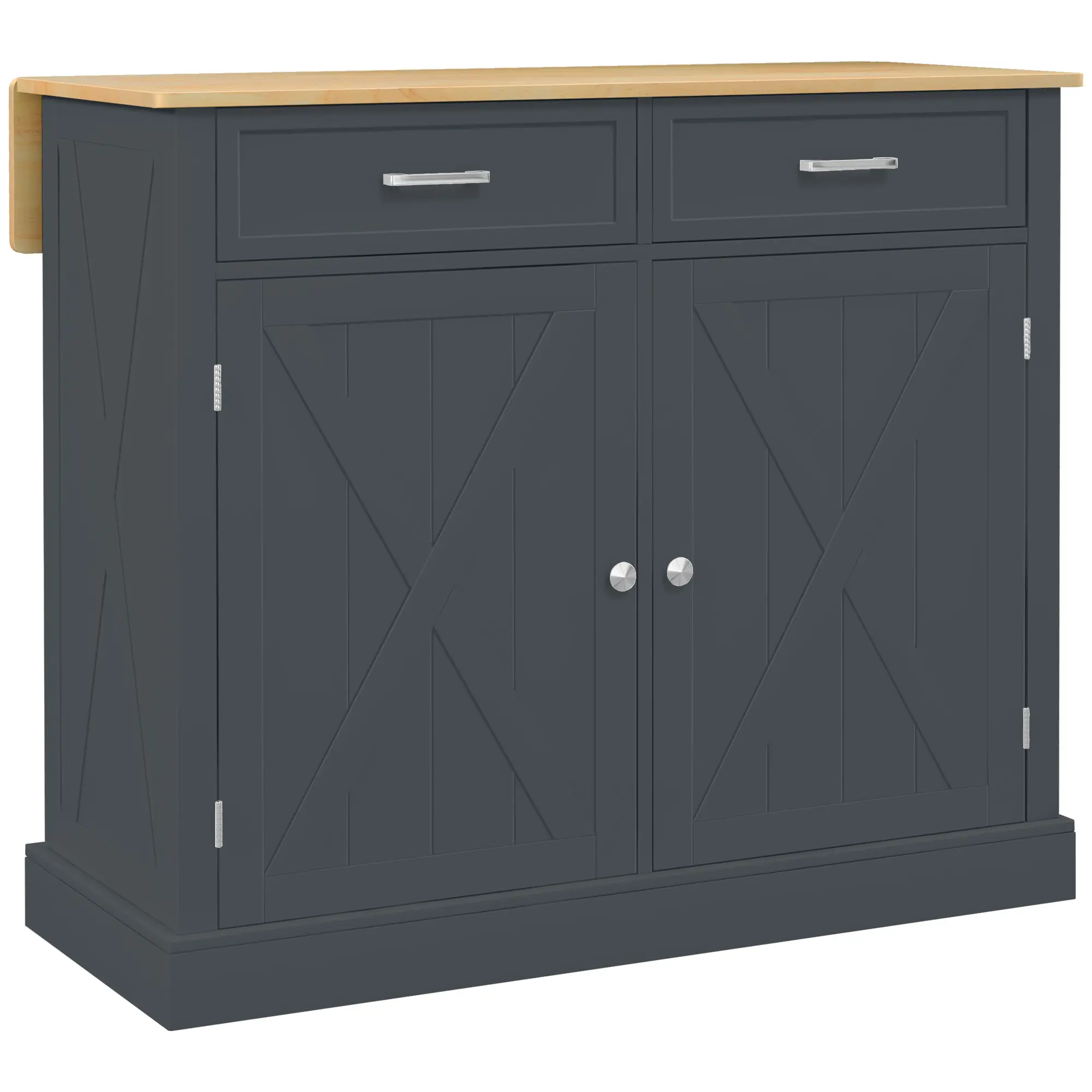 Rolling Kitchen Island with Drop Leaf Wood Breakfast Bar – Farmhouse Kitchen Cart with 2 Drawers, Adjustable Shelves, Dark Gray, Rubberwood Top, 143 lbs Capacity