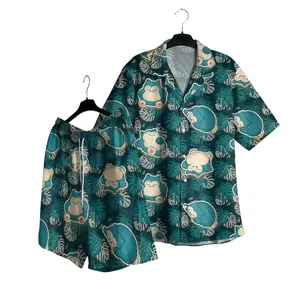 Men's 2-Piece Hawaiian Shirt & Shorts Set - Vintage Anime, Lazy Cartoon Bear Print, Oversized Y2K Streetwear, Beach & Lounge Outfit