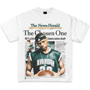 Cotton Women's LeBron James "The Chosen One" Newspaper Print T-Shirt Basketball Legend Casual Short Sleeve Tee