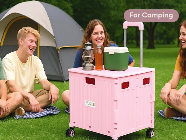 VUSIGN Folding Utility Cart, Foldable Rolling Crate Handcart with Lid, Portable Collapsible Shopping Trolley Box, 4 Rotate Wheels for Grocery, Office, Travel, Teacher, Luggage, Black