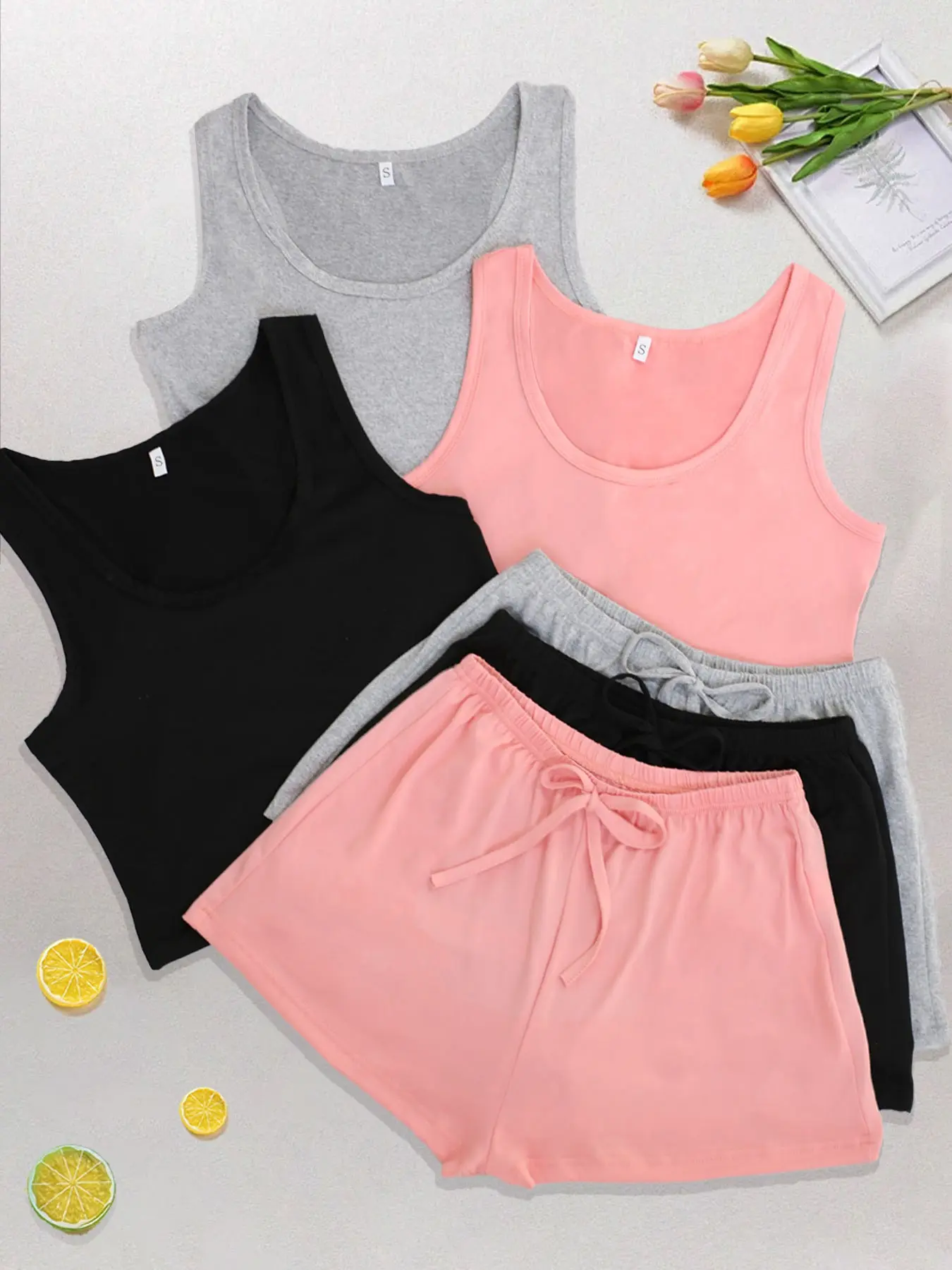 Women's Tank Top and Shorts Pajama Set, 6-Piece Suite with Bow Design, Perfect for Spring and Summer Seasons, Comfortable Casual Basic Loungewear Sleepwear