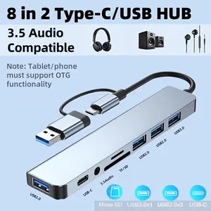 8-In-1 USB-C Docking Station, USB 3.0 Multi-Functional Card Reader, SD/TF HUB Splitter, Universal for PC Tablet Phone, USB Port Adapter, USB Hubs