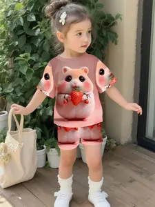 Strawberry Cute Mouse Sweet Fun Girls' Baby Set with Digital Printing, 100% Polyester Baby Short Sleeve Set, Adorable Casual Clothing for Baby Girls, T-Shirt Suitable for Daily and Outdoor Sports, Perfect Gift for Infants