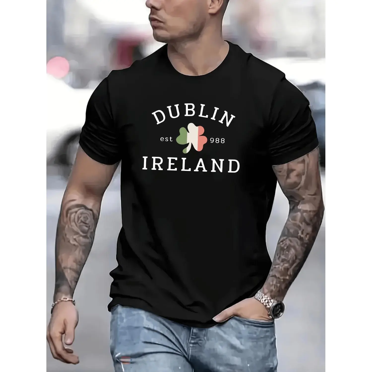 Men's Ireland-Themed T-Shirt with Dublin and Irish Flag Print Comfortable Short Sleeve Casual Shirt in Green White and Red Perfect for St Patrick's Day and Everyday Wear