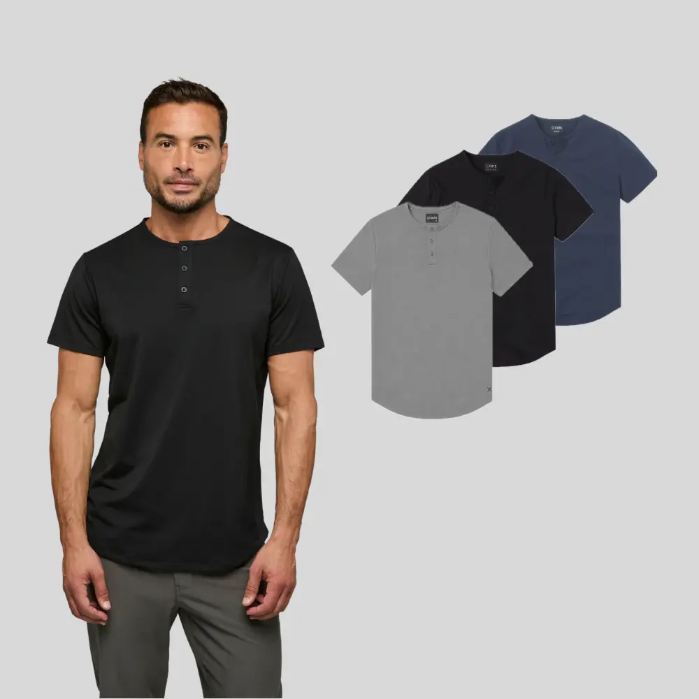 Cuts | Men's  AO Fitted Henley Shirt with Curve Hem | Anti-Odor Polyester Cotton Blend | Wrinkle Resistant Stretch