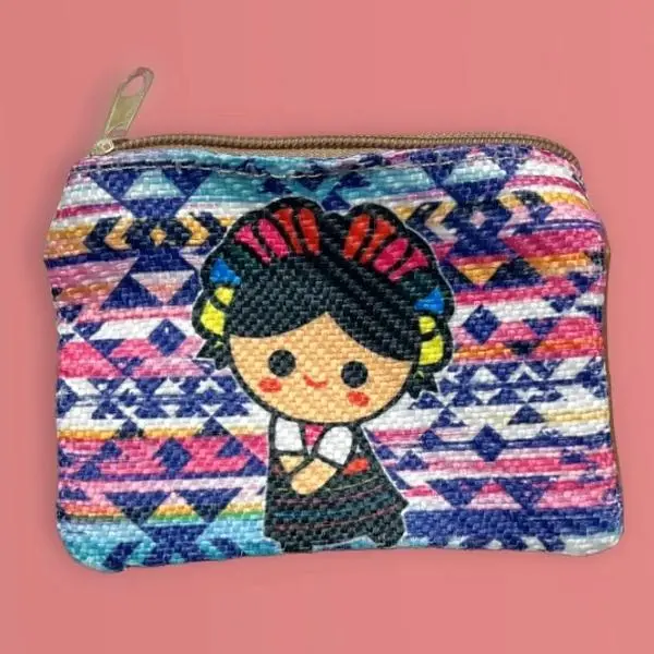 Frida Kahlo Monedero Mexicano Sencillo con Colores Vibrantes y Muñeca Lele Diseño Floral Auténtico Típico y Colorido