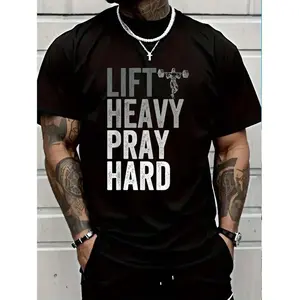 Lift Heavy Pray Hard 100% Cotton Christian Faith Gym Jesus T-Shirt For Men Casual Style Tee Casual Loose Fit Round Neck Tropical