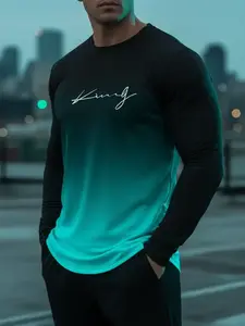 The 2025 new style Casual fashionable men's gradient crewneck Fitted Long Sleeves Short sweatshirt adopts a novel 3D printed letter pattern design, suitable for daily wear.