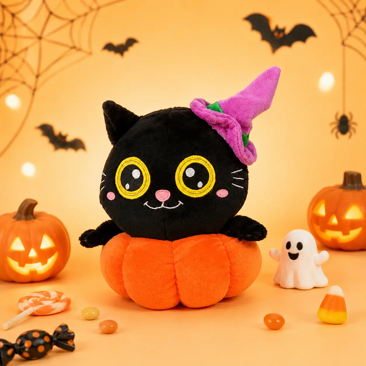 Soft Halloween Black Cat Plush Toy with Witch Hat, Pumpkin Stuffed Animal, Holiday Decor for Fall, Novelty Stress Relief Gift