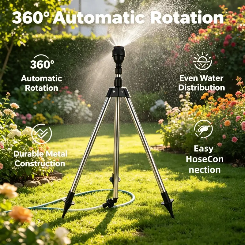 360° Rotating Tripod Sprinkler with Us Plug, Adjustable Height, Multi-Nozzle Irrigation System, Stainless Steel Stand, Water-Saving Device, Watering Tool