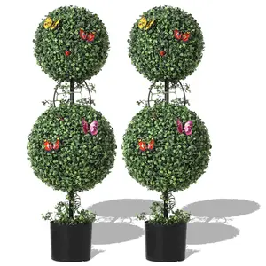 GARVEE Artificial Double Ball Topiary Tree 3 Feet, Outdoor Artificial Plants with Vine and Insect Decoration, Topiary Trees for Home Porch Decoration