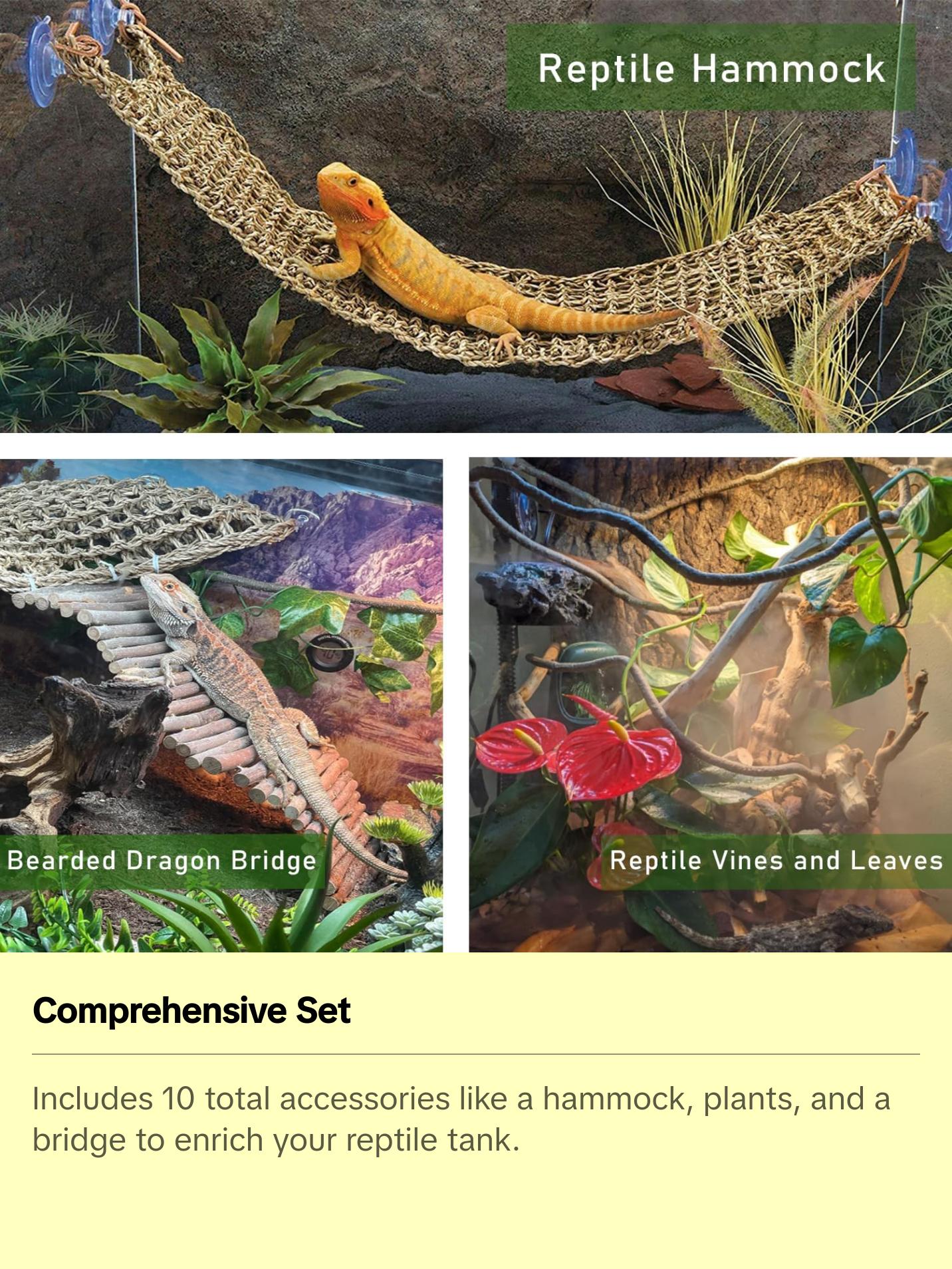 Bearded Dragon Tank Accessories, Reptile Mat Hammock Plants Bridge Jungle Climber Vines Terrarium Decorations for Bearded Dragon Lizard Snake (10 PCS with Reptile Mat)