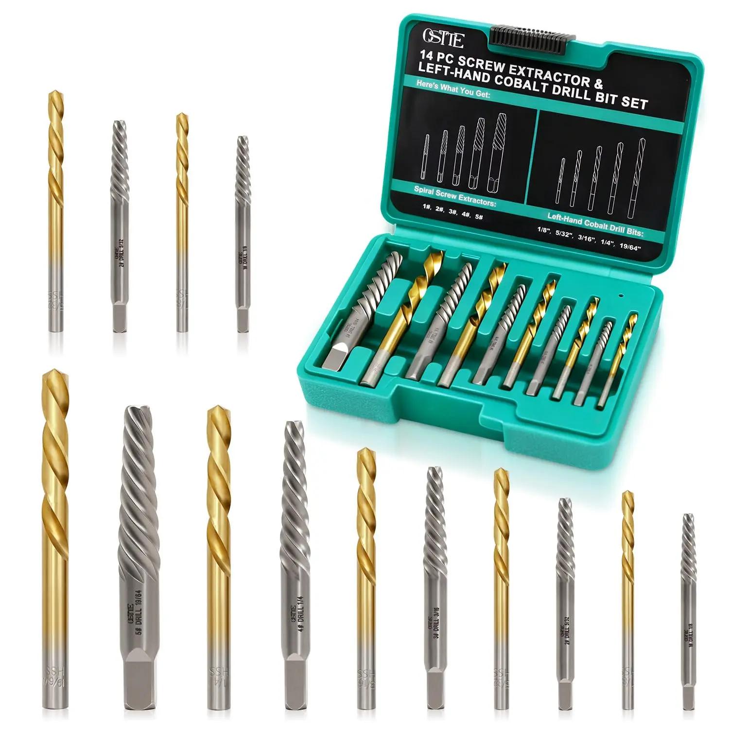 crew Extractor Set with Left Hand Drill Bits 14Pcs | 35# Cr-Mo & 6542 HSS, Removes Stripped Screws & Broken Bolts, Easy Out Tool, for Automotive & Home Repair