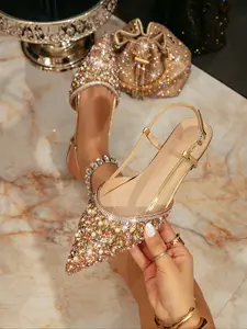 Women's Sparkling Rhinestone Closed-Toe Sandals, Romantic French Flat Heel Pointed Toe Design, Comfortable Spring & Summer Shoes