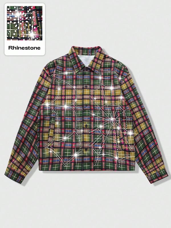Men's Vintage Plaid Shirt with Rhinestones, Street Style Fashion, Casual Long Sleeve, Soft Comfortable Fabric, Casual Stylish Menswear