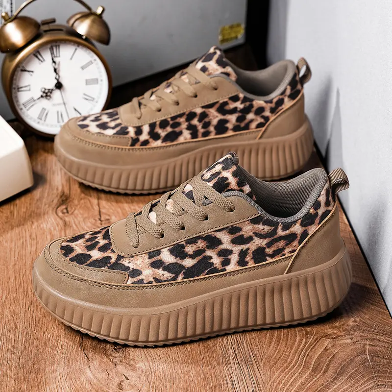 Women's Leopard Animal Print Casual Sneakers - Low-Top Lace-Up PU Fabric Upper, Gold Chain Detail, Chunky Round-Toe All Seasons Footwear for Coffee Runs, Ripped Jeans Outfits