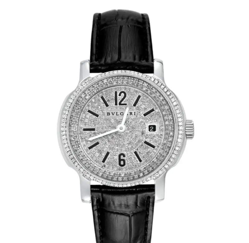 Bvlgari Bvlgari 35mm Quartz Stainless Steel Aftermarket Diamond Pave Case & Dial Leather Strap Watch WHT029593