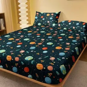 3pc Space Planet Print Bedding Set, with 25cm deep pockets, including 1 bed sheet and 2 pillow covers (without filling material), suitable for single, double, and extra-large double beds, available in multiple sizes, applicable for bedrooms, guest rooms,