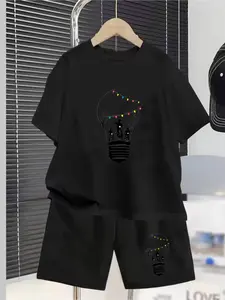 Stranger Things Light Bulb Colored Lantern Silhouette Printed Children's Set, Summer New Style Boys' And Girls' Short-Sleeved T-Shirts + Shorts 2-Piece Set, Comfortable, Casual, Fun, Fashionable And Versatile For Daily Use, Ideal Gift Choice