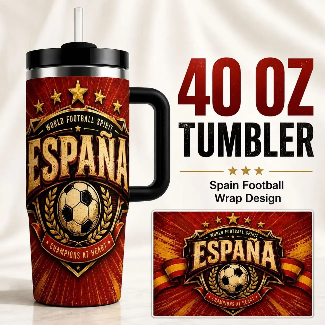 40 oz Insulated Tumbler with Handle and Straw, Double Wall Vacuum Stainless Steel Travel Mug, Leak Resistant BPA-Free Lid, Keeps Drinks Hot 6H Cold 12H, Spain Soccer Themed Sports Cup for Car, Office, Travel, Gym & Outdoor Use